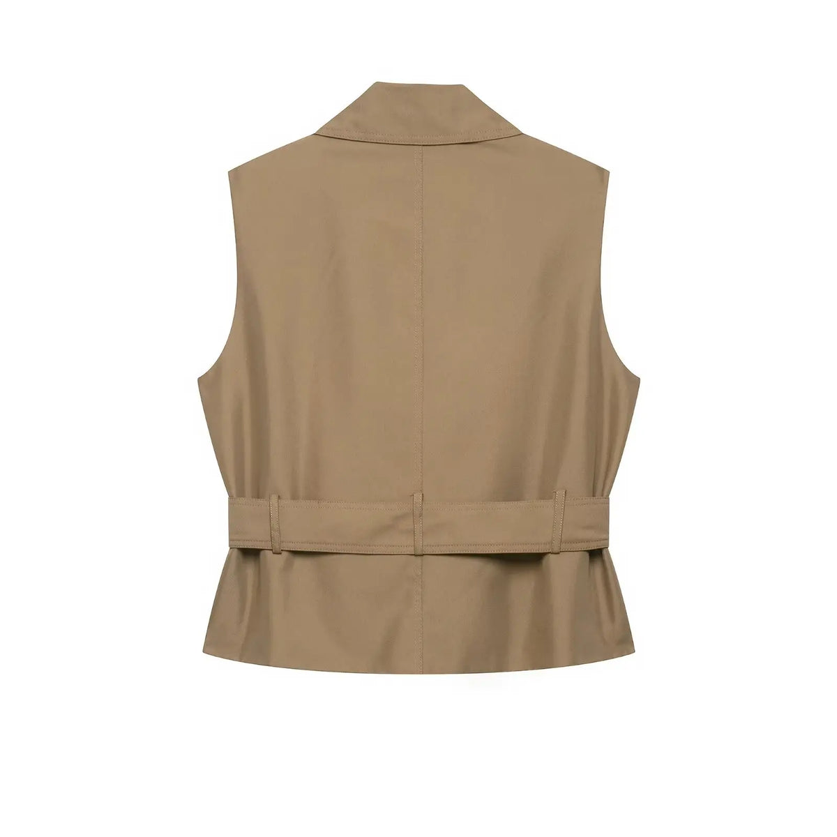New Slim Fit Cropped Sleeveless Trench Vest Women Khaki Lapel Double Breasted Self Tie Belt Waist Cinching Street Outer Top