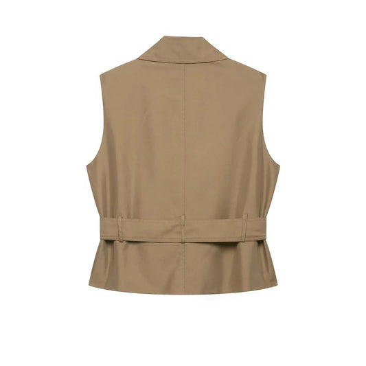New Slim Fit Cropped Sleeveless Trench Vest Women Khaki Lapel Double Breasted Self Tie Belt Waist Cinching Street Outer Top