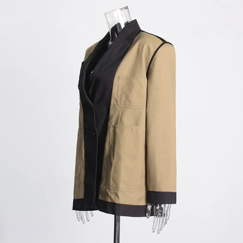 Women Blazer Elegant Contrast Color Deconstructed Trendy Multi-pocket Safari Style Patchwork Design Niche Suit-Coat HK25482