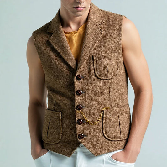 Men's Herringbone Vest Single Breasted Waistcoat with 3 Real Pockets for Wedding & Business
