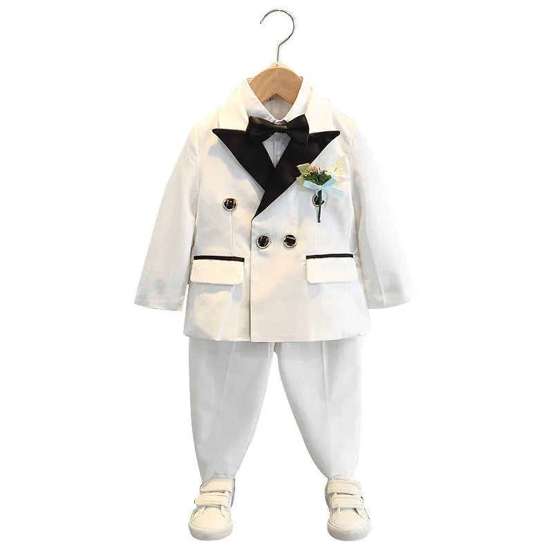 Children 3Pieces White Wedding Suit Kids Jacket Pants Botwtie Photograph Suit Flower Boys Birthday Tuxedo Party Dress