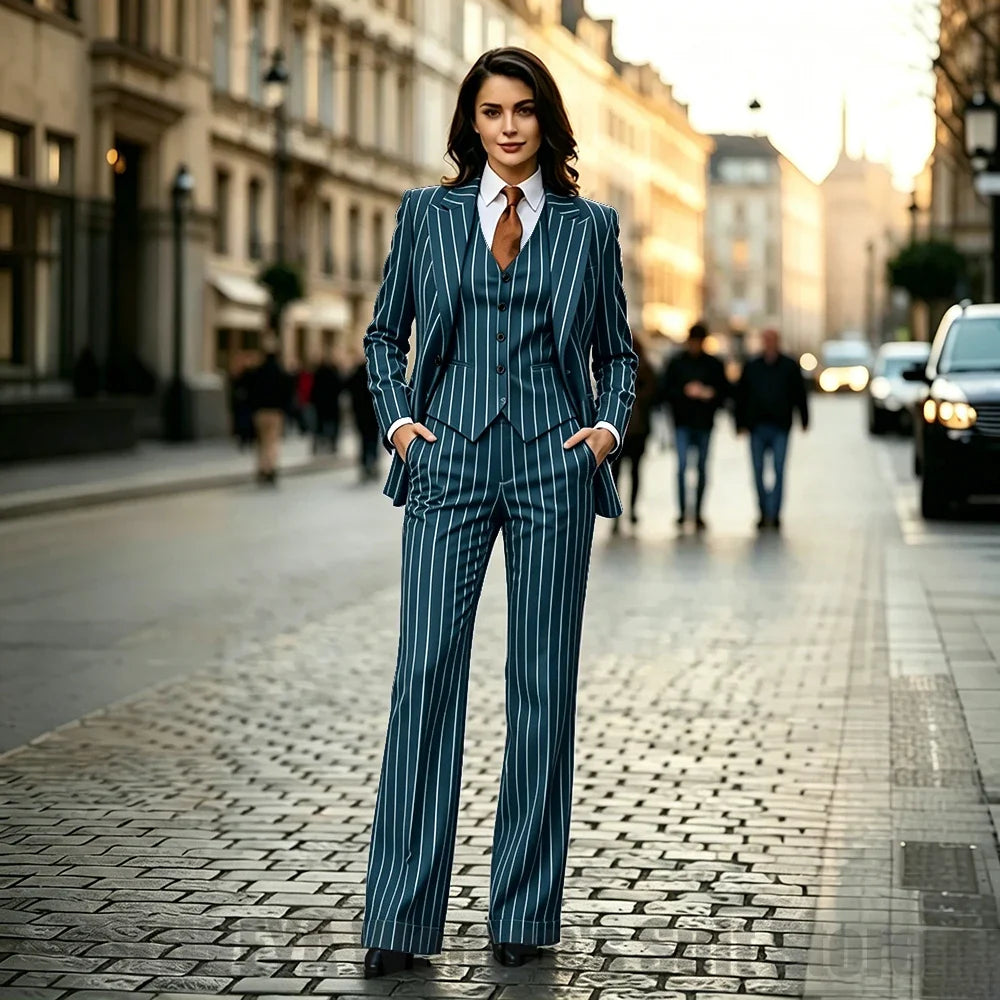 Chic Women Striped Suit 3 Piece Fashion Peak Lapel One Button Outfit Formal Office Work Casual Suits (Blazer+Vest+Pants)
