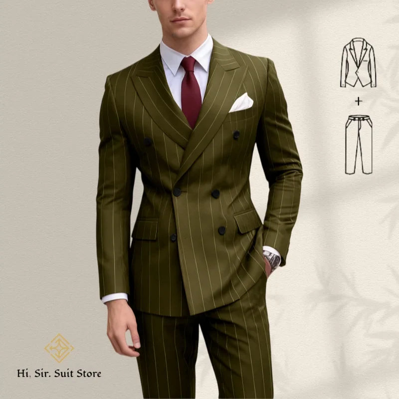 Men's 2-Piece Slim Fit Double-Breasted Striped Suit Set for Men – Wedding, Business & Formal Occasions