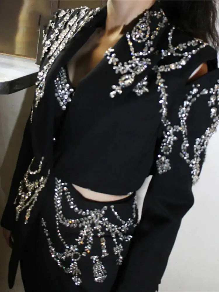 Solid Spliced Diamonds Turn-Down Collar Blazers Long Sleeve Hollow Out Patchwork Button Coat 2026 Autumn Women's New