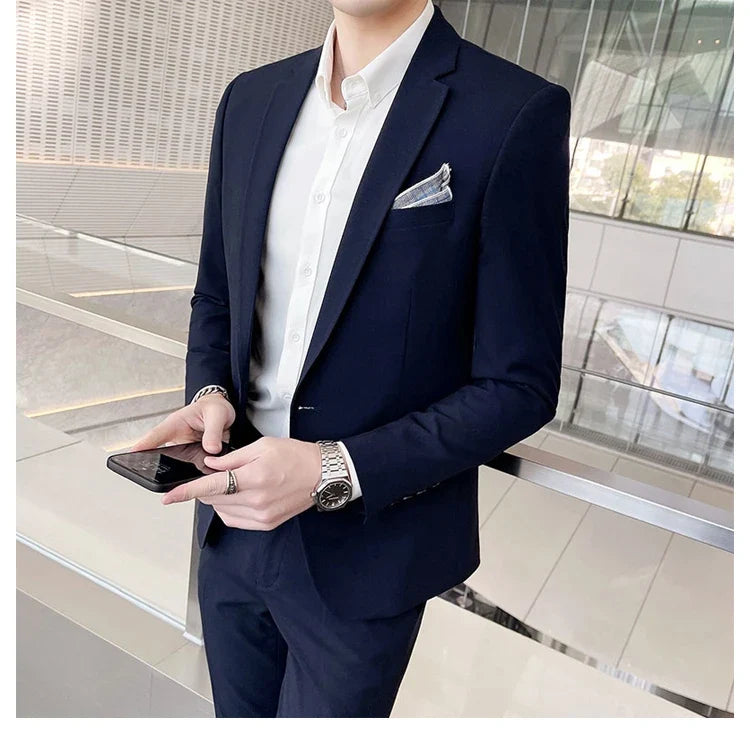 Men's Slim Fit Solid Color Two-Piece Suit Set for Wedding & Formal Occasions