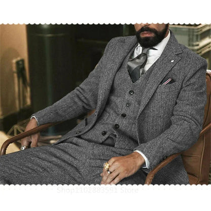 Costume 3 pièces pour homme (veste + gilet + pantalon) en tweed de laine gris, motif à chevrons, pour mariage, hiver, costume de cérémonie pour marié