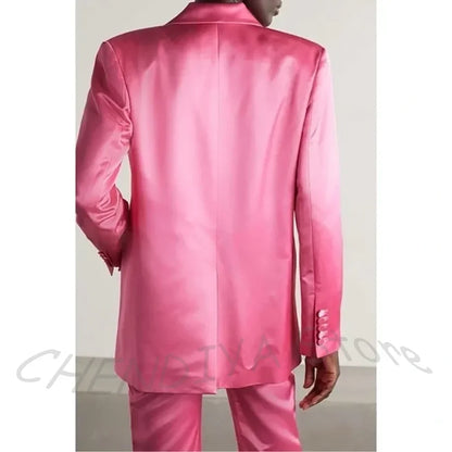 Tailored Business Attire Women Suit Elegant Satin Pink Peaked Lapel Slim Double Breastde Outfit Two Piece Office Work Female Set