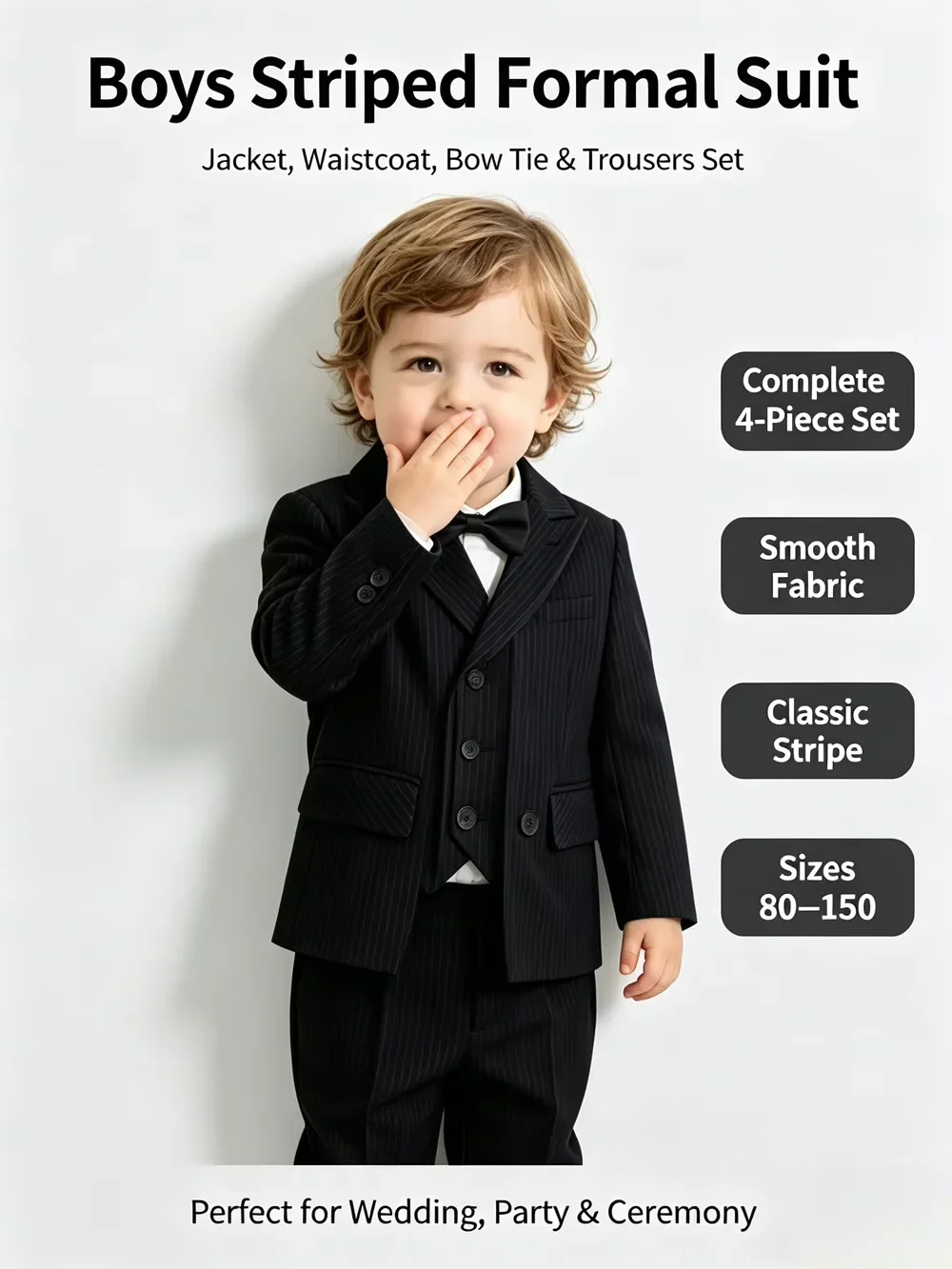 Boys Stripe Wedding Suit Set Kids Gentleman Costume Blazer Vest Pants Bow Tie Outfit for Banquet Christening Formal Party