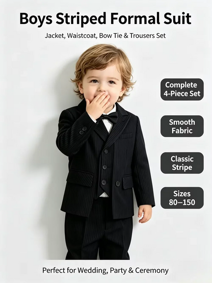 Boys Stripe Wedding Suit Set Kids Gentleman Costume Blazer Vest Pants Bow Tie Outfit for Banquet Christening Formal Party