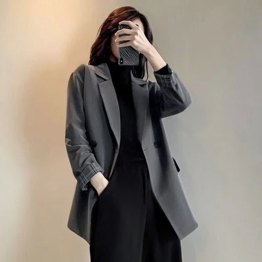 2025 Spring Autumn New Women's Blazer Korean Loose Fit Casual Versatile Patchwork Plaid Cuffs Drapey Mid Length