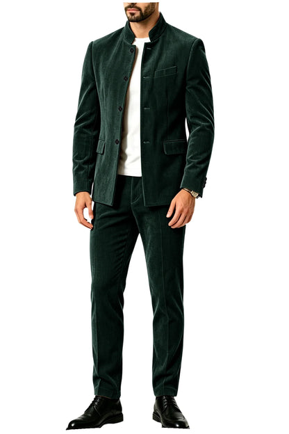 Men's Corduroy 2-Piece Suit – Mandarin Collar Single Breasted Blazer & Pants for Business & Formal Occasions
