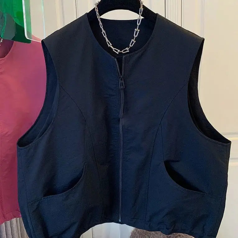 Women's Vest 2026 New Solid Color Round Neck Zipper Loose Sleeveless Jacket Vest Female Casual Tops Ladies Waistcoat Outerwear