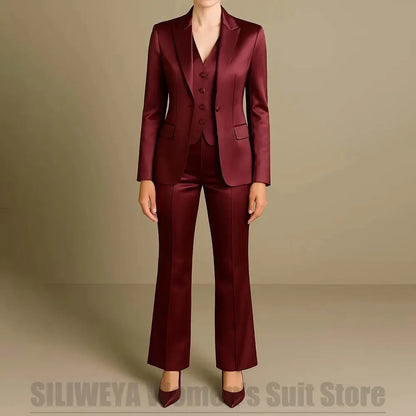 Women's Burgundy Satin 3 Piece Suit Set Fashion One Button Blazer Vest Flared Pants Formal Office Party Prom Wedding Tuxedo