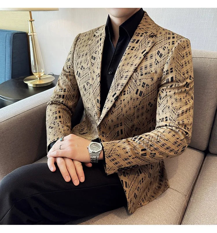 Korean Slim Fit Casual Suit Jacket for Men Fashion Camouflage Business Social Blazers Wedding Streetwear Dress Coat Men Clothing