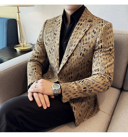 Korean Slim Fit Casual Suit Jacket for Men Fashion Camouflage Business Social Blazers Wedding Streetwear Dress Coat Men Clothing