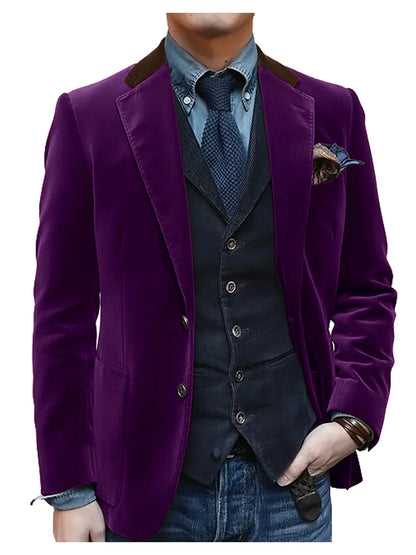 Men Velvet Blazer Contrast Brown Lapel Single Breasted Flap Pockets Smart Casual Business Streetwear Formal Outerwear