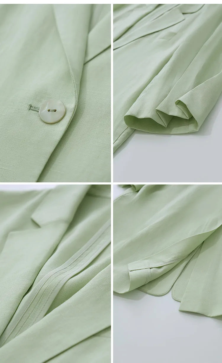 Women's Blazer 2026 Summer New Notch Lapel Linen Blend Pleated Half Sleeve Jacket Casual Office Midi Length Coat 12642184