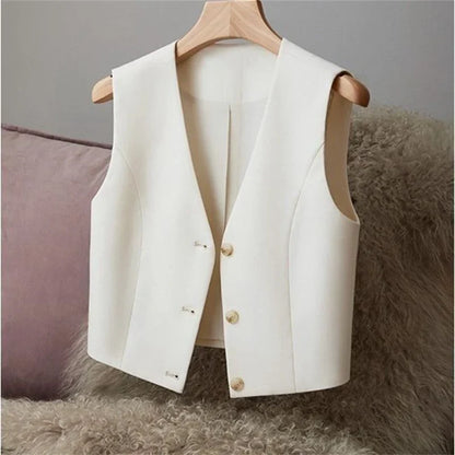 Women Fashion Leisure V-neck Lined Waistcoat Korean Female Short Suit Sleeveless Spring Autumn Lady Solid Color Blazer Vest Tops