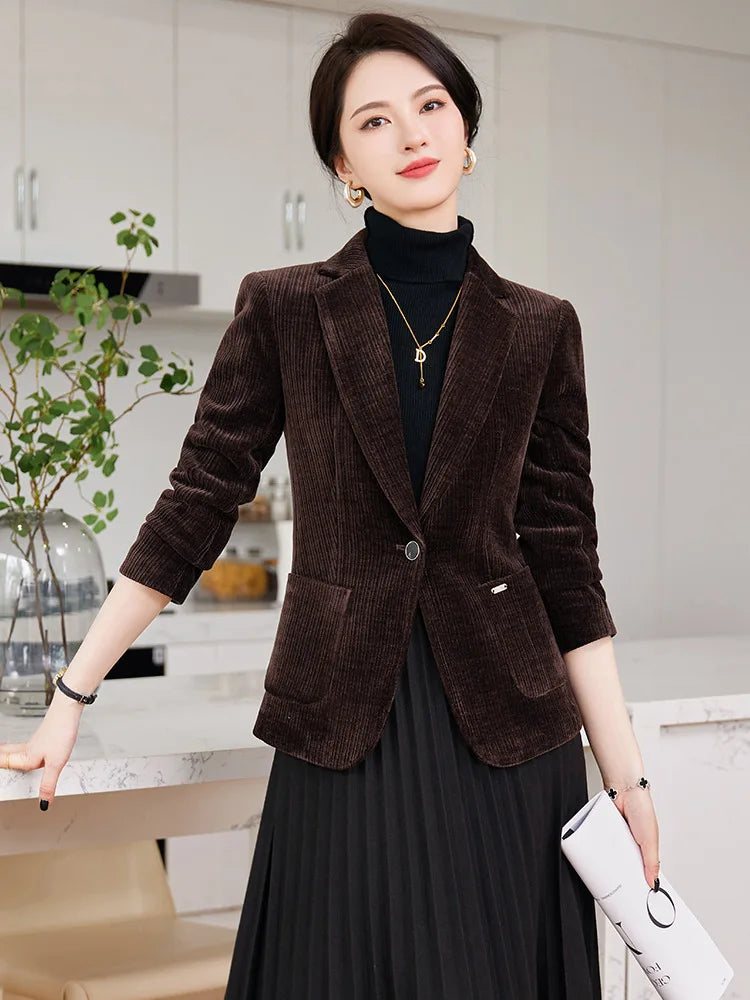 Autumn and Winter Blazer Women's Corduroy New Long Sleeve Professional Blazer Women's Coat Office Female Blazers Jacket Coat