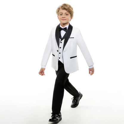 Boys Tuxedo Suit 5-Piece Set Kids Formal Outfit White for Wedding Birthday Piano Party