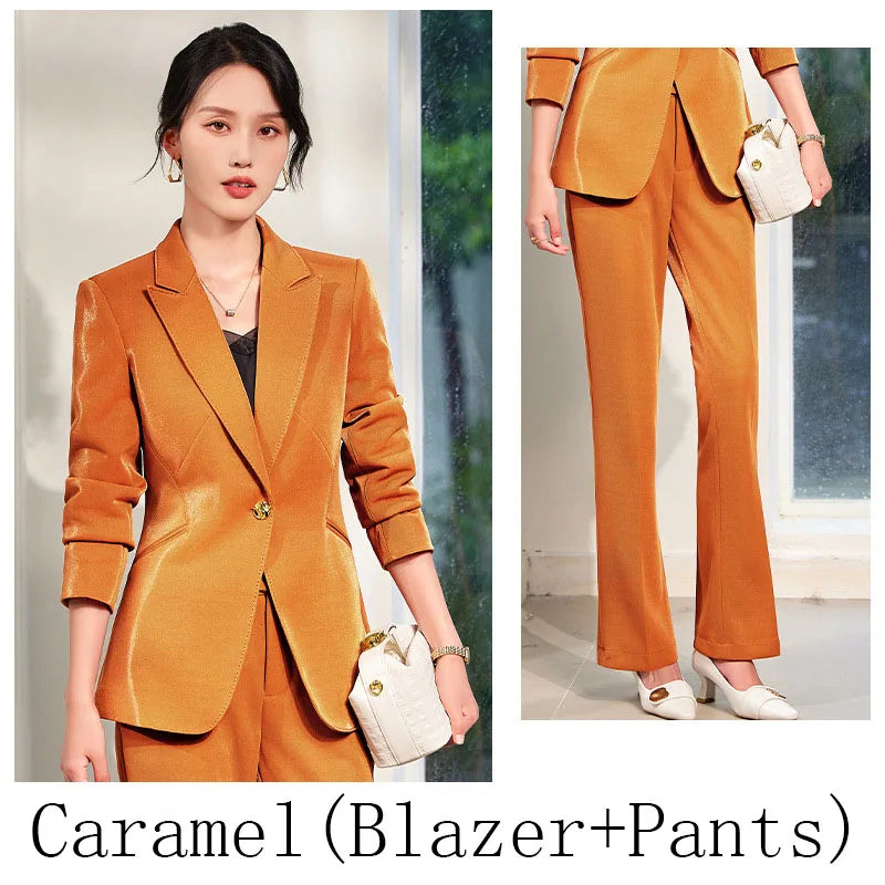 Office Ladies Formal Pant Suit 2 Piece Set Women Green Khaki Red Female Long Sleeve Business Work Wear Blazer Jacket And Trouser