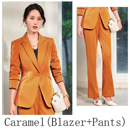 Office Ladies Formal Pant Suit 2 Piece Set Women Green Khaki Red Female Long Sleeve Business Work Wear Blazer Jacket And Trouser
