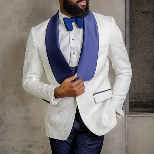 Slim Fit Men Suits for Wedding White Jacquard Blue Shawl Lapel Groom Tuxedo 3 Pieces Blazer with Pants and Vest