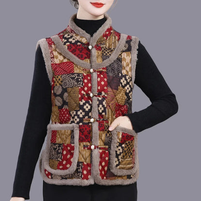 Middle-aged Mother Add Velvet Warm Vest Coat Autumn Winter New Printed Fleece Sleeveless Jacket Grandma Thicken Warm Waistcoat