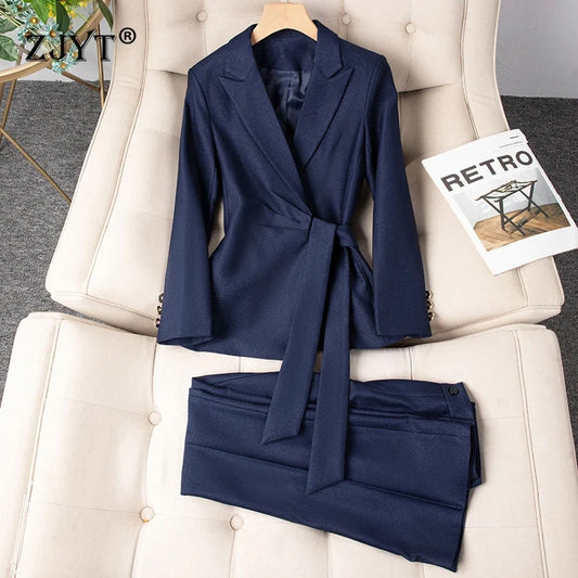 Autumn Winter New Women's Blazer Suit Trousers Two Piece Outfit 2025 New Fashion Lace Up Jacket and Pant Sets Office Wear