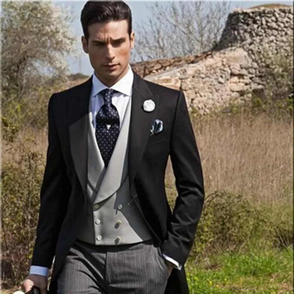 Men's 3-Piece Long-Tail Blazer Tuxedo Smoking Suit for Wedding Party Fashionable Male Jacket Coat Casual Formal Wear