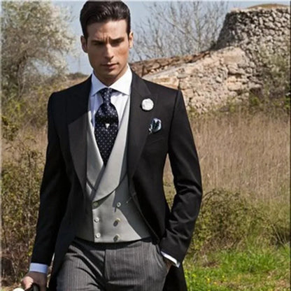 Men's 3-Piece Long-Tail Blazer Tuxedo Smoking Suit for Wedding Party Fashionable Male Jacket Coat Casual Formal Wear