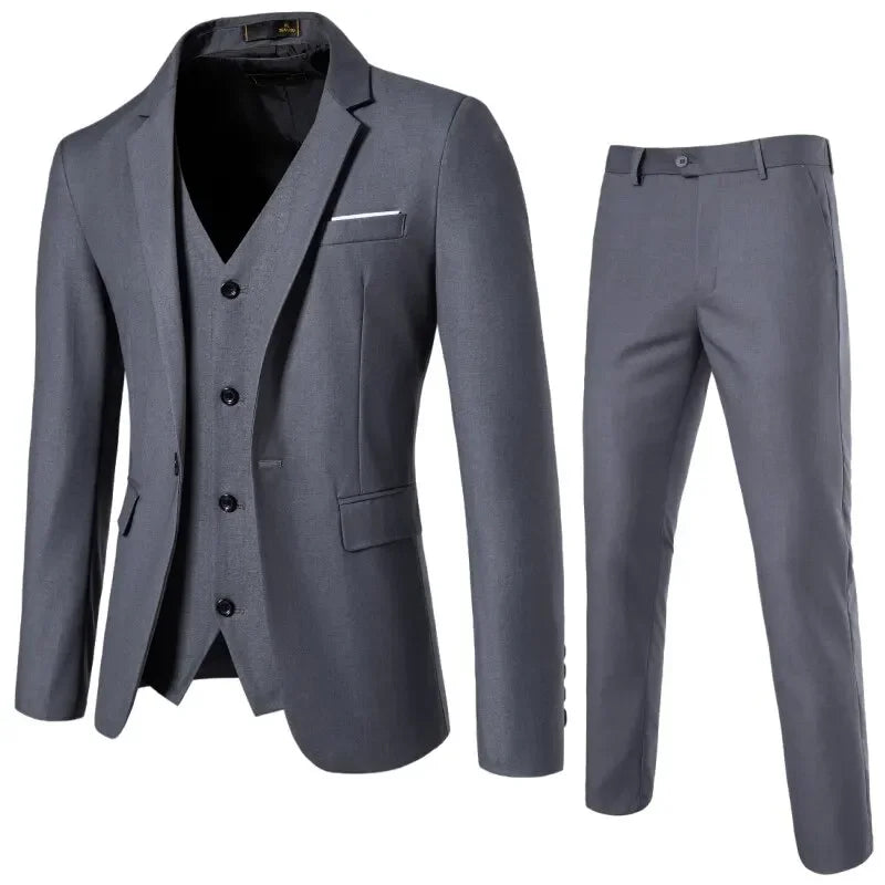 Men's 3-Piece Suit Blazer Vest Trousers Smart Casual Business Wedding British Style