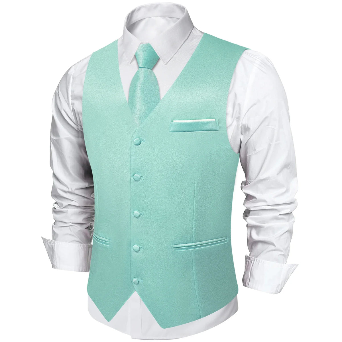 Men's Satin Suit Vest Set with Tie Handkerchief and Cufflinks for Wedding and Prom