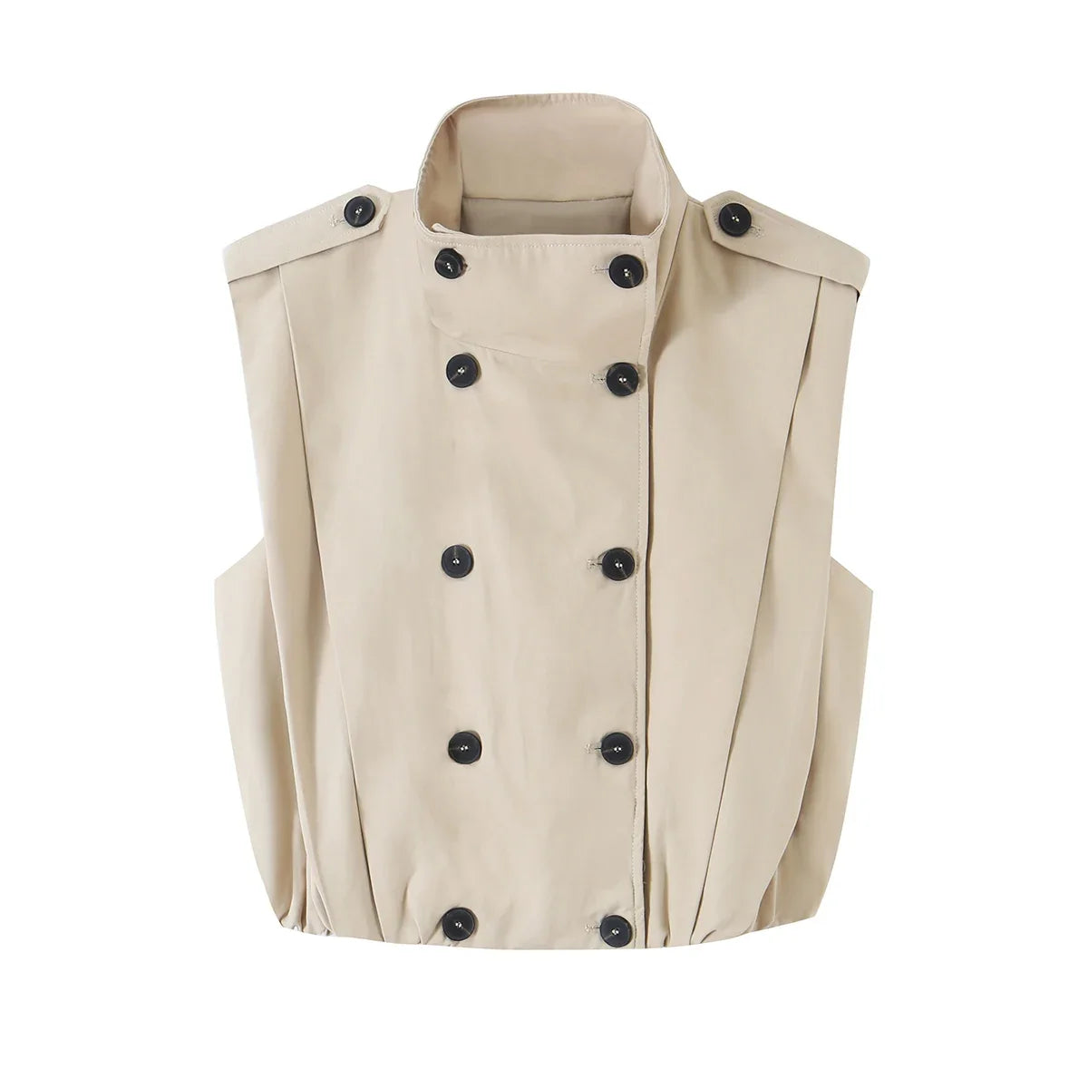 2026 Autumn Women Stand Collar Double Breasted Vest Epaulet Decor Ruched Hem Sleeveless Cropped Waistcoat Casual Outer Top