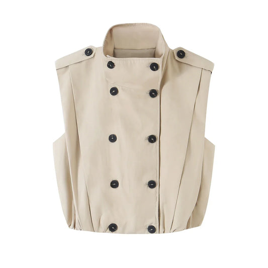 2026 Autumn Women Stand Collar Double Breasted Vest Epaulet Decor Ruched Hem Sleeveless Cropped Waistcoat Casual Outer Top