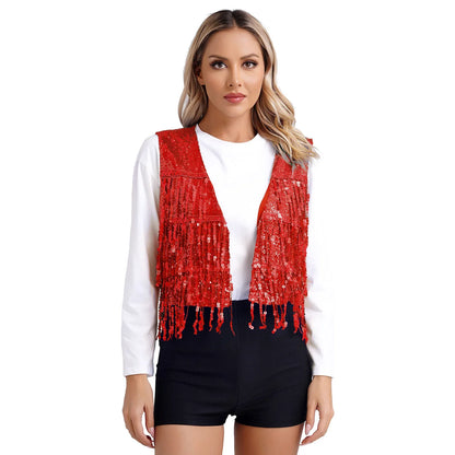 Women's Fringe Vest Clubwear Jazz Modern Dance Waistcoat Glitter Tassel Sleeveless Jacket Sequins Vests Music Festival Costumes