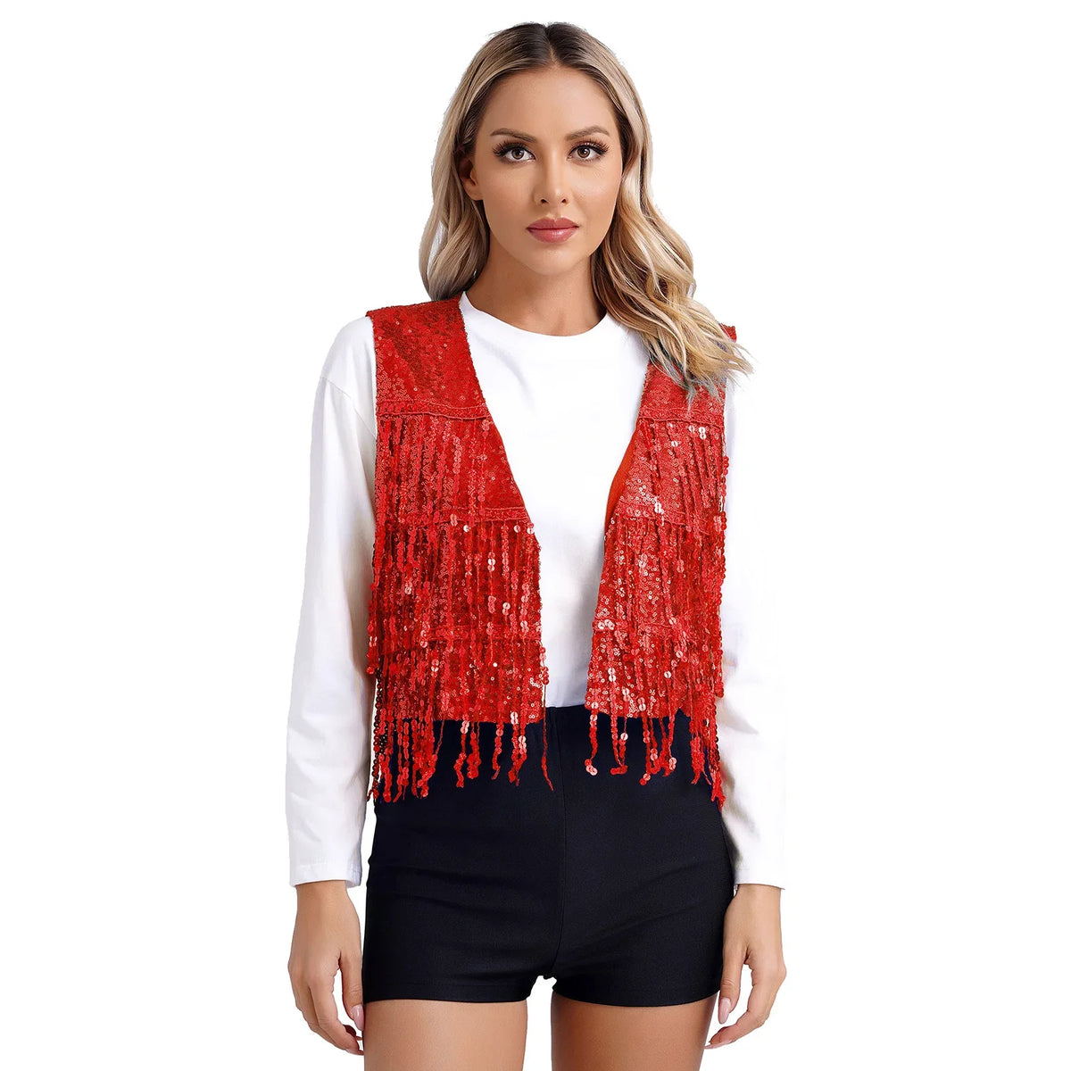Fashion Sequins Vests Women's Tassel Sleeveless Waistcoat Jazz Dance Costume Shiny Vest 80s Disco Music Festival Party Clubwear