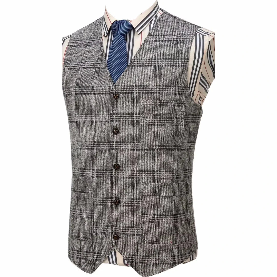 Men's Vest Gray Checkered Single Button V-Neck Waistcoat for Wedding & Business