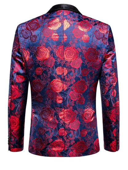 Navy Base Red Rose Floral Jacquard Tuxedo Blazer for Men, Black Shawl Lapel Slim Formal Jacket Host Wedding Ceremony Costume