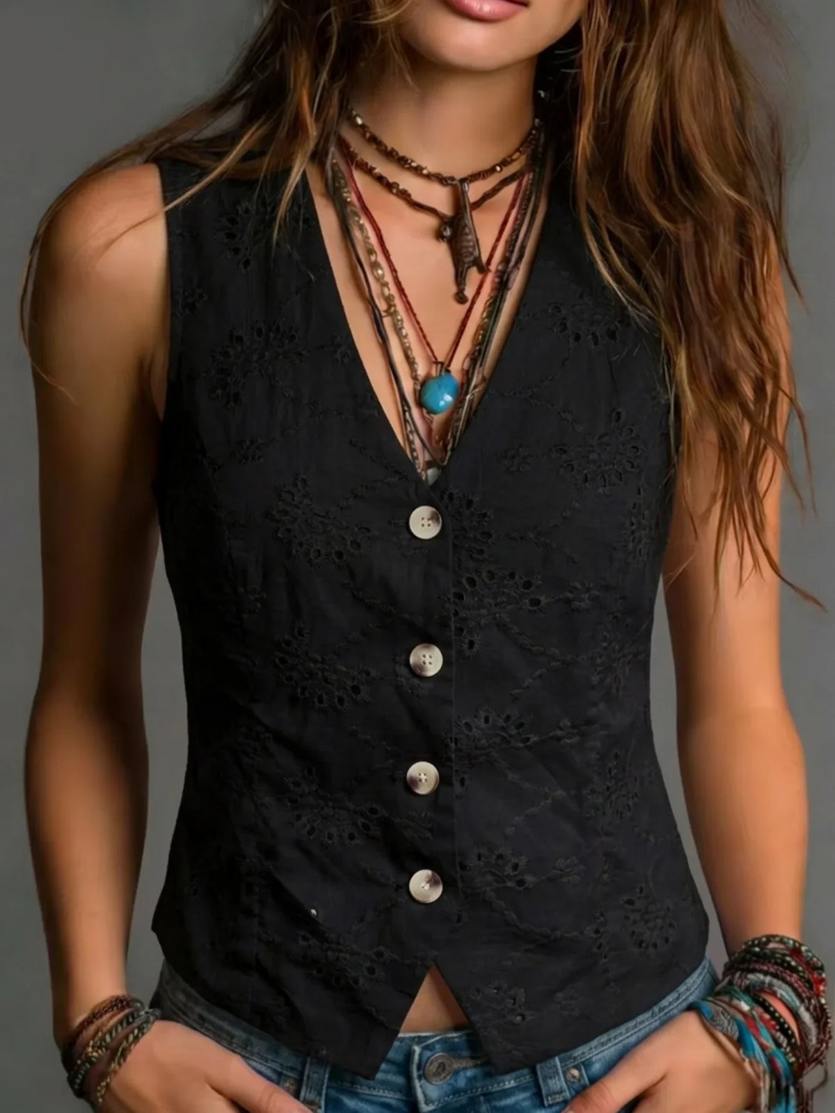 Women's Elegant Sleeveless Waistcoat, Exquisite Embroidered Hollow‑Out Vest, Slim‑Fit Minimalist Commuter Outerwear for Spring &