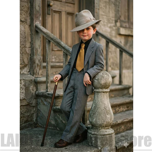 Boys Grey Striped Suit Set Kids Vintage Formal Outfit Jacket Pants 2 Piece Costume Wedding Birthday Party Photoshoot Wear