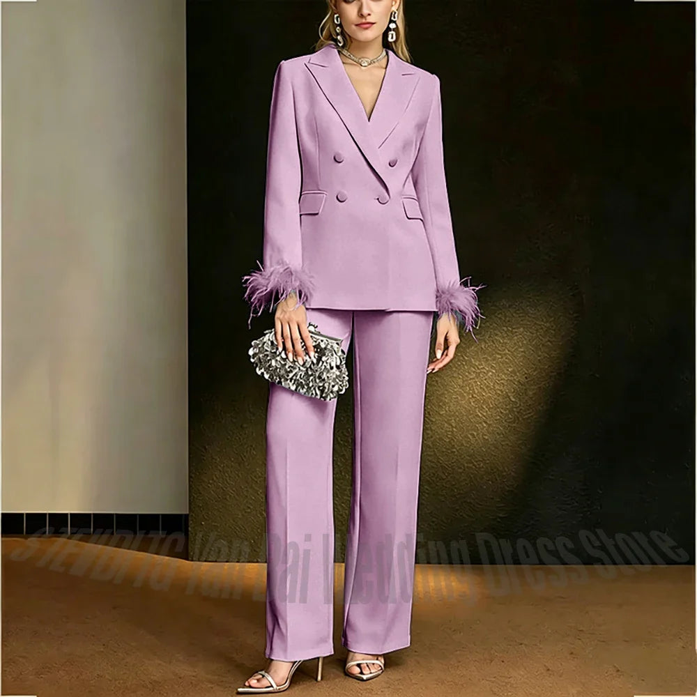Luxury White Feather Women's Suit Elegant Classic Double Breasted Jacket Pants Formal Evening Party Wedding Guest Outfit