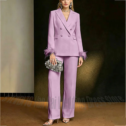 Luxury White Feather Women's Suit Elegant Classic Double Breasted Jacket Pants Formal Evening Party Wedding Guest Outfit