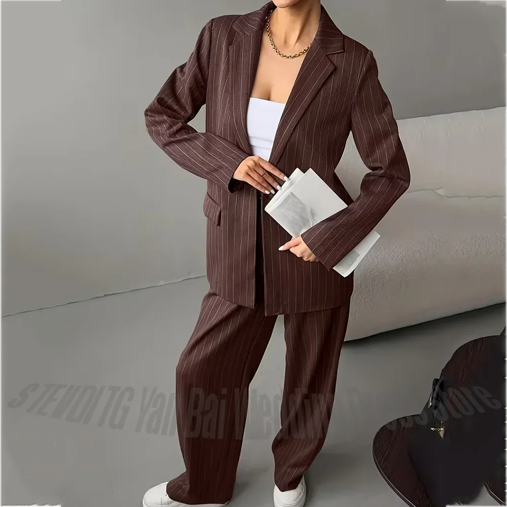 New Women's Brown Sripe Blazer Pants Suit Notch Lapel Back Split Loose Casual Formal Work Two Piece Set Fashion Streetwear