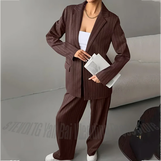 New Women's Brown Sripe Blazer Pants Suit Notch Lapel Back Split Loose Casual Formal Work Two Piece Set Fashion Streetwear