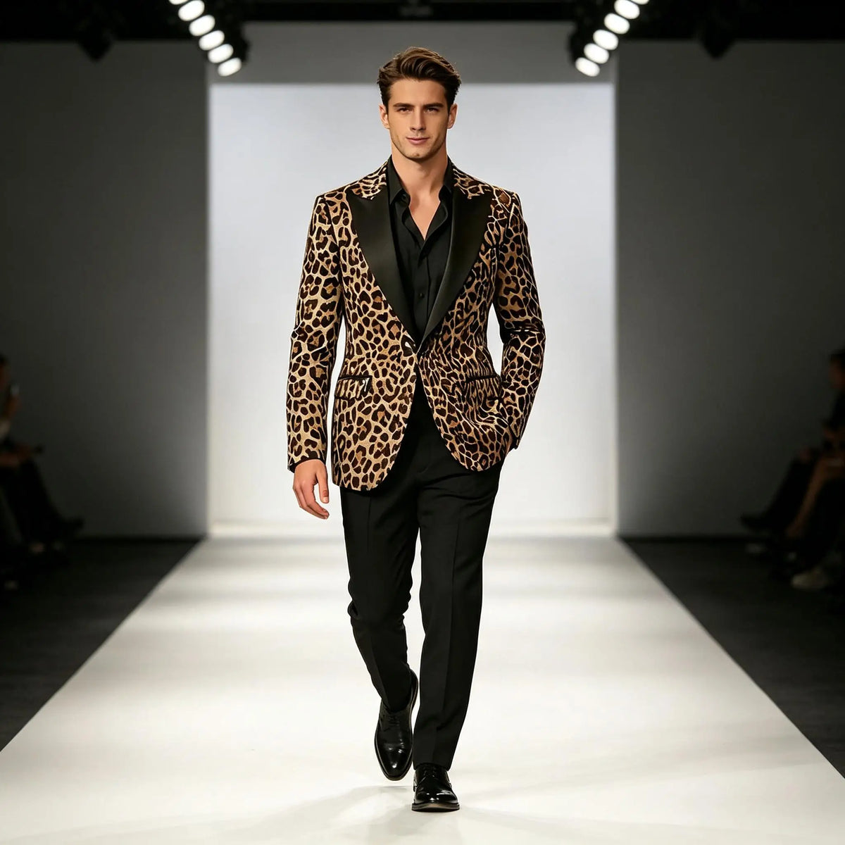 Men's Leopard Print Tuxedo Blazer Satin Lapel Slim Fit One Button Suit Jacket Party Club Stage Wedding Dinner Formal Coat