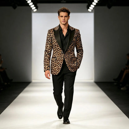 Men's Leopard Print Tuxedo Blazer Satin Lapel Slim Fit One Button Suit Jacket Party Club Stage Wedding Dinner Formal Coat