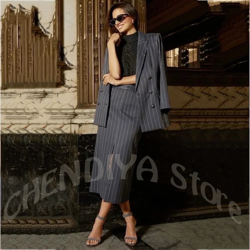 Grey Stripe Classic Women's Suit 2 Piece Double Breasted Blazer with Slit Midi Skirt Office Work Business Meetings Formal Outfit