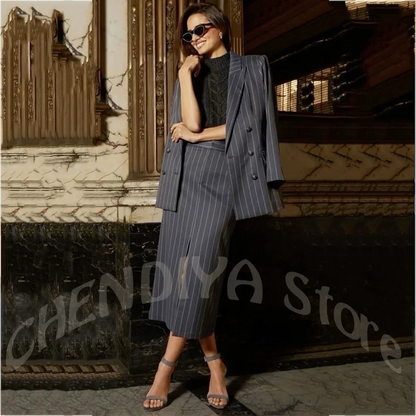 Grey Stripe Classic Women's Suit 2 Piece Double Breasted Blazer with Slit Midi Skirt Office Work Business Meetings Formal Outfit