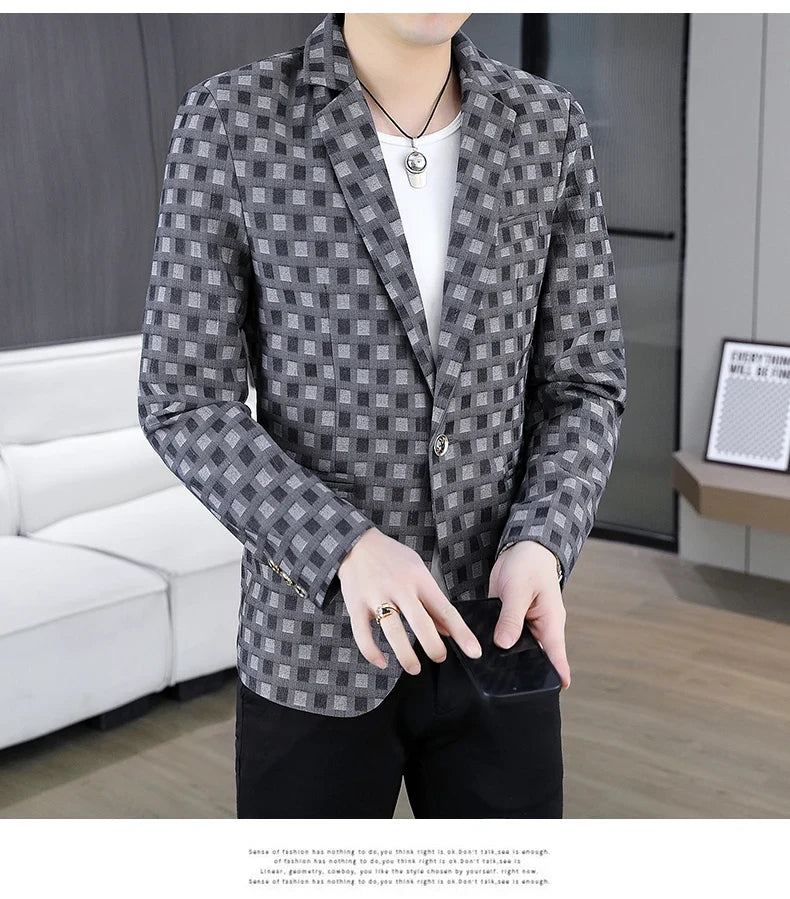 2026 Spring Autumn Men's Suit Jacket Korean Checkered Suit Jackets Slim Fit Fashion Casual Business Formal Blazers Costume Homme